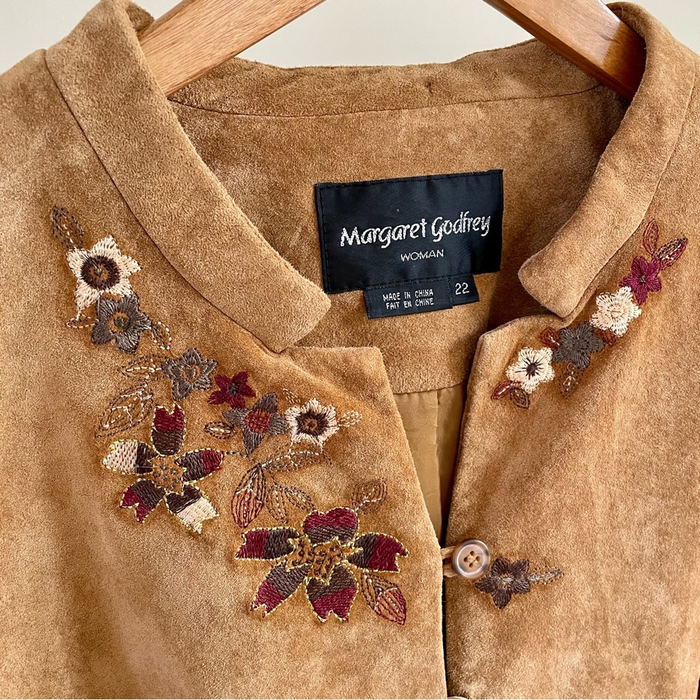 Vintage Suede Leather Embroidered Floral Longline Jacket in Camel - Picture 3 of 4